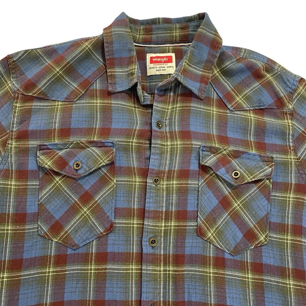 Wrangler Flannel Shirt Men's Large Plaid Long Sleeve Flap Button Pockets Western
